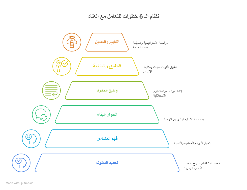 نظام الـ 6 خطوات للتعامل مع المراهق العنيد والمتمرد - إنفوجرافيك تعليمي من NextJeel للتربية الواعية