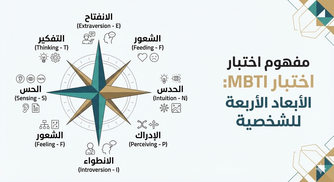 رسم توضيحي لمفهوم اختبار MBTI يوضح الأبعاد الأربعة للشخصية في تصميم إنفوجرافيك عربي احترافي