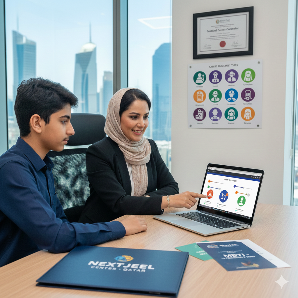 مراهق يجري اختبار MBTI لتحليل الشخصية مع مستشارة تربوية معتمدة في مركز NextJeel بقطر لفهم أنماط الشخصية الـ16